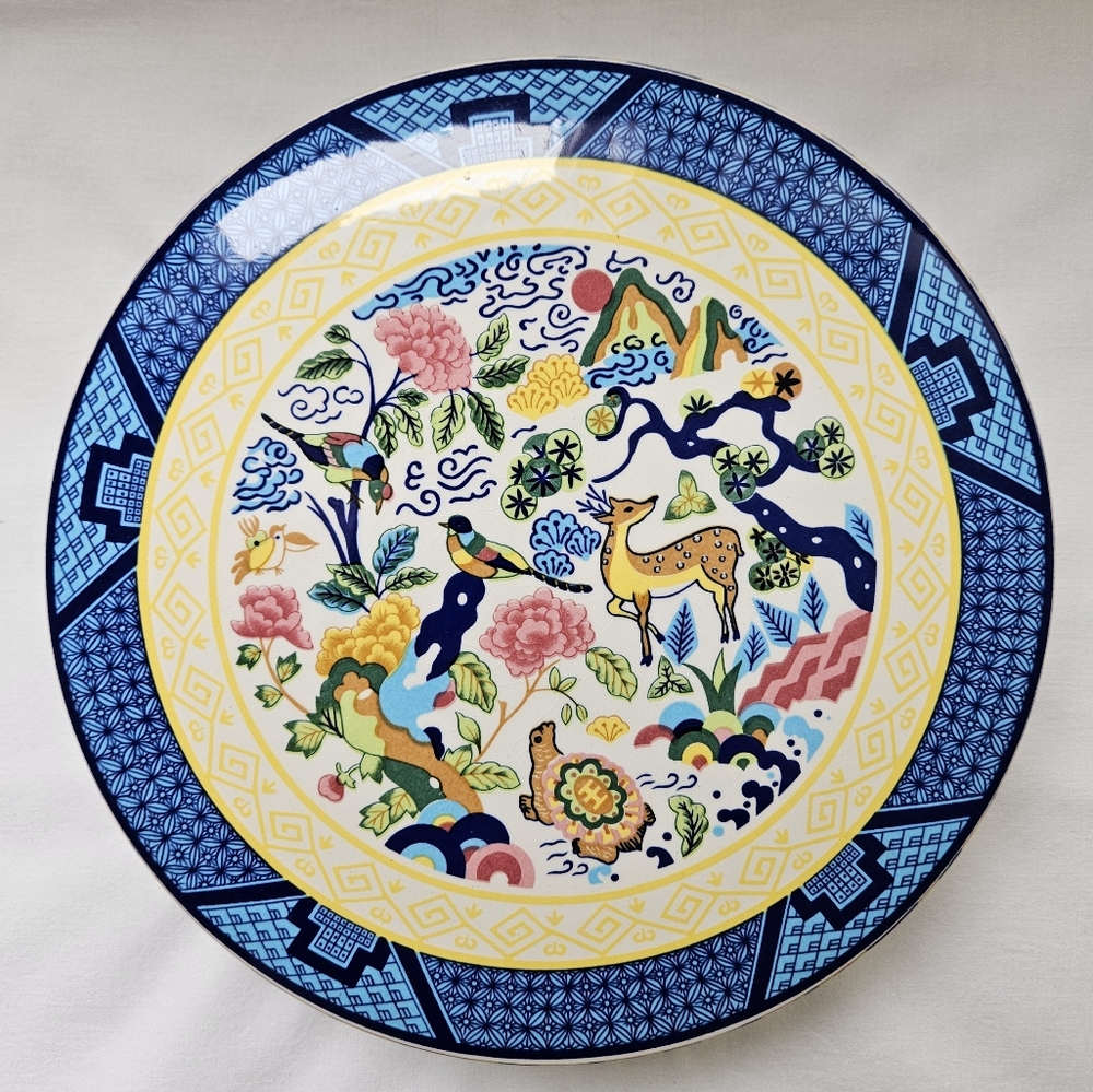 Vtg Asian Oriental Glazed Porcelain Garnish Serving Dish Floral Birds Tableware